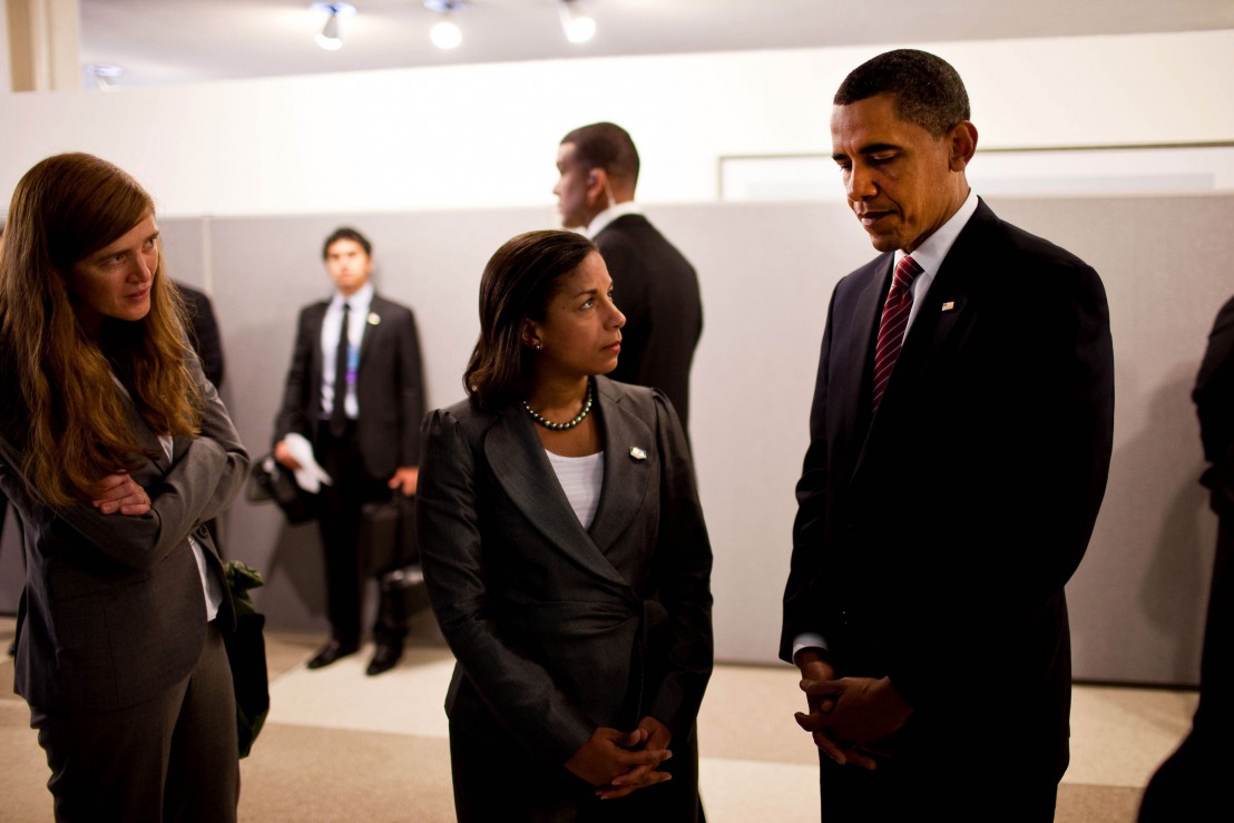 Handout photo showing U.S. President Obama standing with Rice and Power in New York