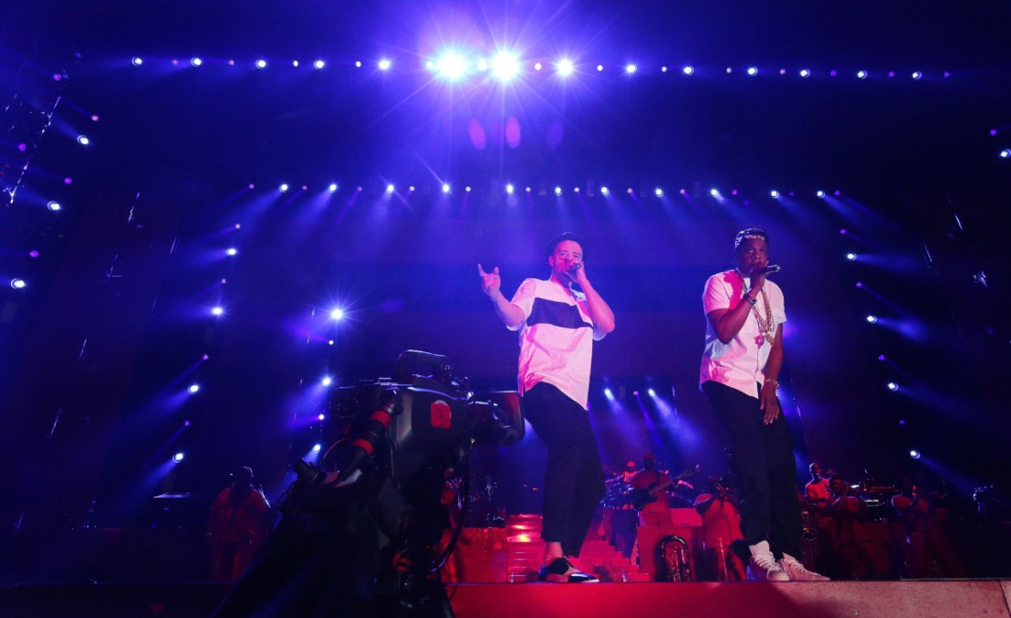 Jay-Z and Justin Timberlake cperform in the Legends of the Summer Stadium Tour