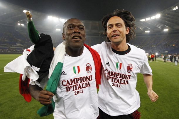 AC Milan's Seedorf and Inzaghi celebrate after winning the Serie A title in Rome
